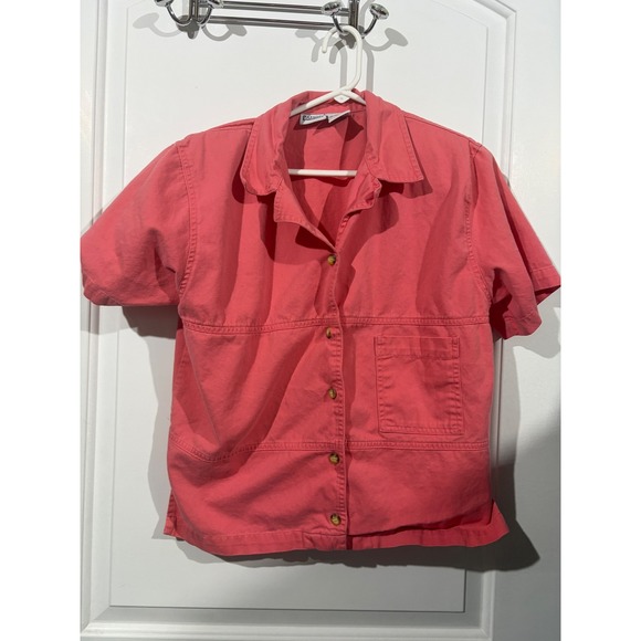 Capacity Vintage Women Short Sleeve Cotton Button Down Shirt Coral Pink Small - Picture 2 of 6